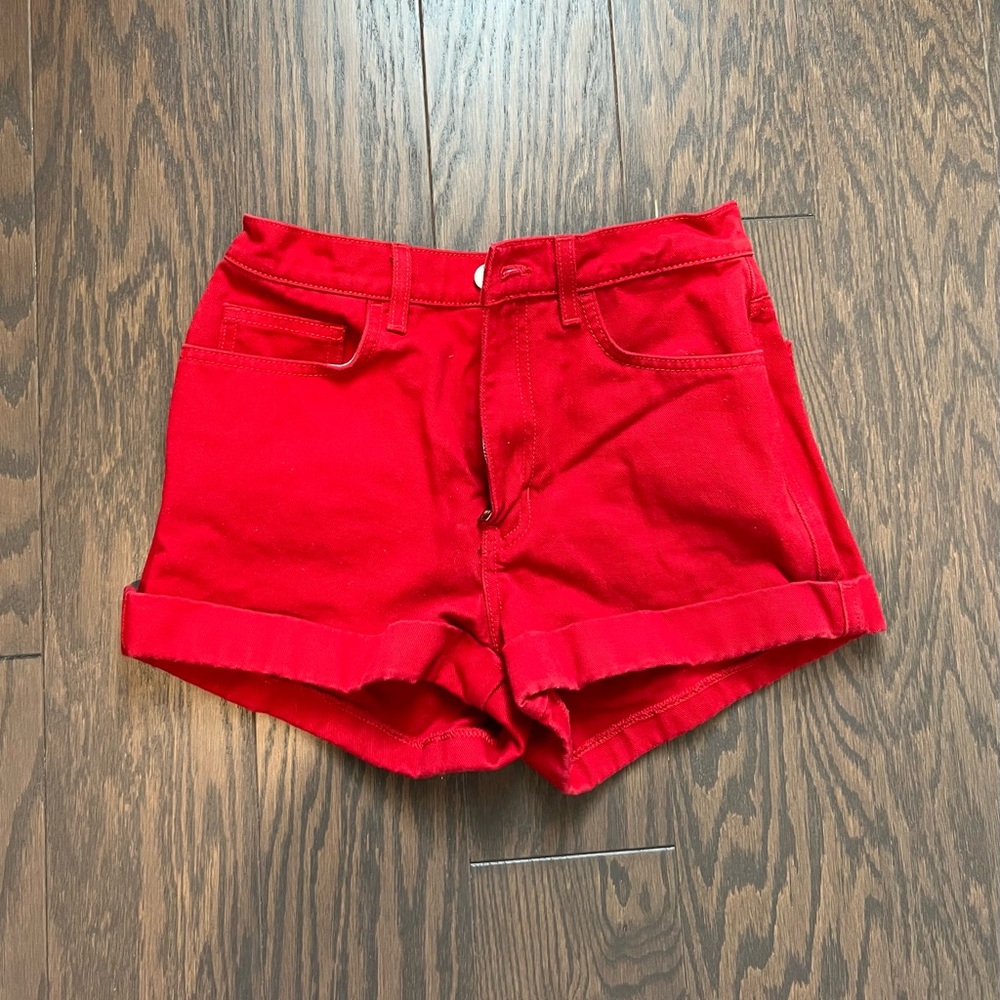 American Apparel Red High-Rise Cuffed Jean Shorts
